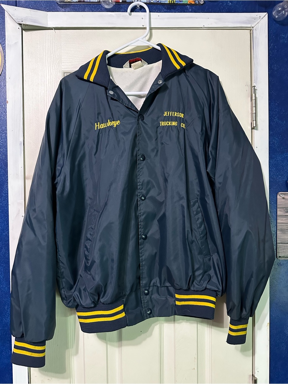 Vintage 80s Bomber Jacket - Jefferson Trucking Co. - Navy/Yellow